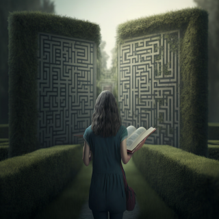 Woman standing before a hedge maze holding a map, symbolic of navigating your career.