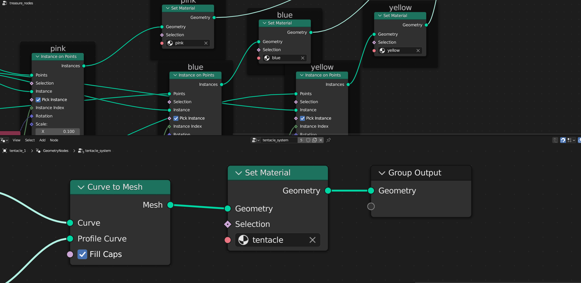 node system to add material to tentacles and treasure plane