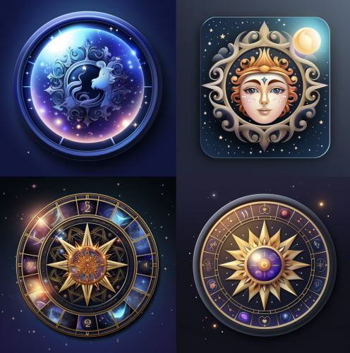 A grid of four AI-generated app icons depicting stars and other horoscope themes