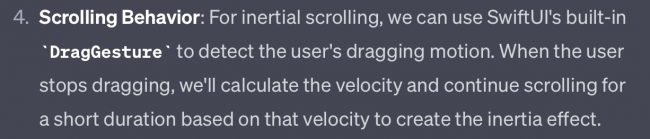 ChatGPT's description of custom scrolling behavior that mentions using DragGesture