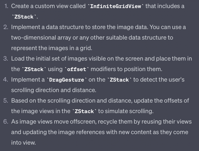 ChatGPT response outlining the steps needed to solve the problem with a ZStack and using subview offsets and a drag gesture.