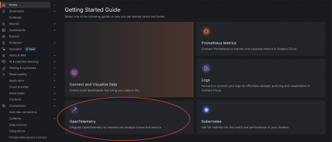 Select OpenTelemetry in Grafana Homepage