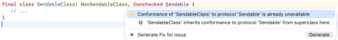 Screenshot showing warning: Conformance of 'SendableClass' to protocol 'Sendable' is already unavailable